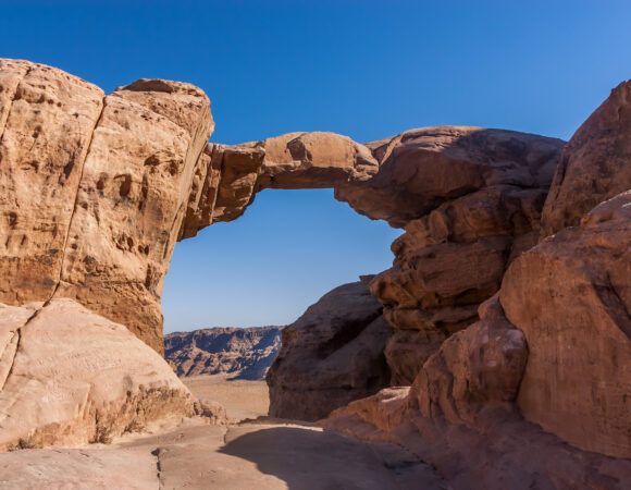 One of the highest rock bridges in the world, Burdah Bridge in the south of the Wadi Rum Desert.