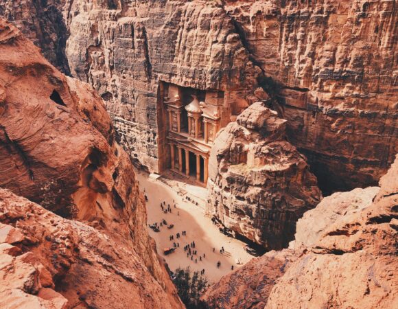 Petra view on Treasury from the end of al Khubta trail with some people