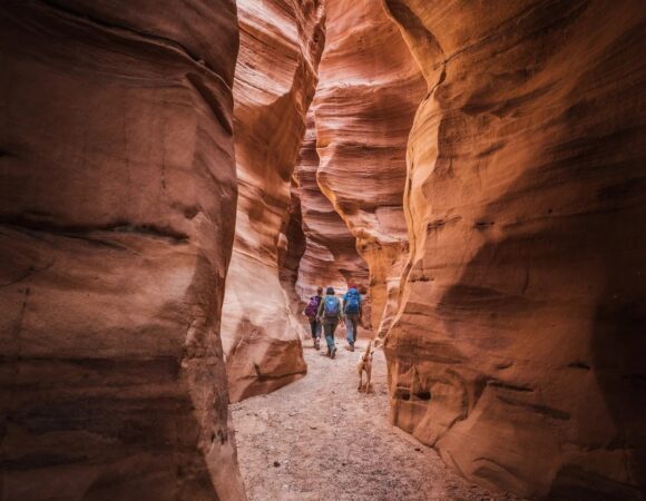 Hikers in the colored canyon Wadi Aheimar on the Jordan Trail