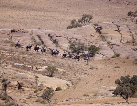 Wadi Rum desert with group of horse riders